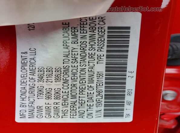 19XFL2H87TE011581 2026 HONDA CIVIC Red Widok naklejki z numerem VIN