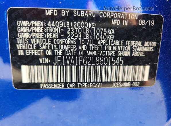 JF1VA1F62L8801545 2020 SUBARU WRX Blue Widok wnętrza 360 stopni