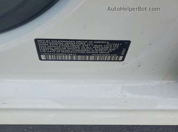 1VWSA7A36MC016874 2021 VOLKSWAGEN PASSAT White Вид наклейки з VIN-кодом