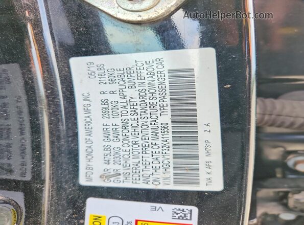 1HGCV1F32KA115560 2019 HONDA ACCORD Black VIN sticker view