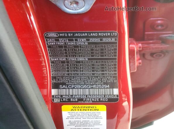 SALCP2BG6GH625294 2016 LAND ROVER DISCOVERY Red Widok wnętrza 360 stopni