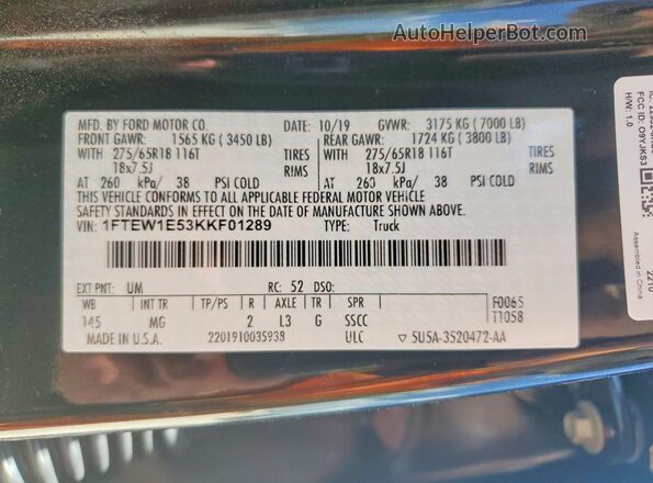 1FTEW1E53KKF01289 2019 FORD F150 Черный Вид наклейки с VIN-кодом