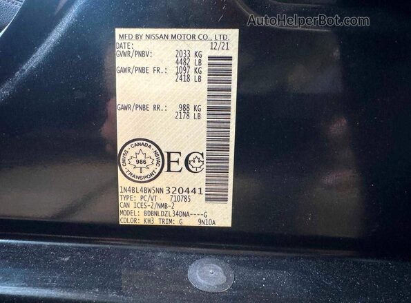 1N4BL4BW5NN320441 2022 NISSAN ALTIMA Black Widok wnętrza z tyłu