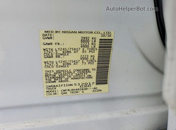 1N6BA1F11HN512017 2017 NISSAN TITAN White Вид наклейки з VIN-кодом