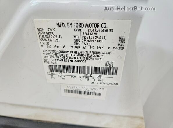 3FTTW8E98NRA36558 2022 FORD MAVERICK White VIN კოდის სტიკერის ხედი