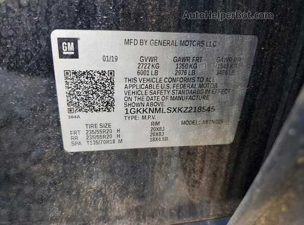 1GKKNMLSXKZ218545 2019 GMC ACADIA Черный Панорамный вид салона 360°