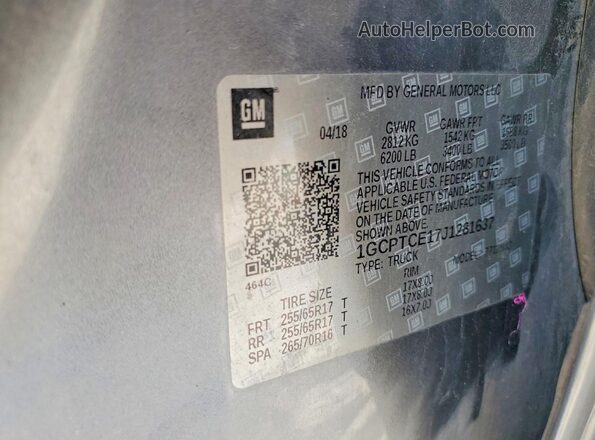 1GCPTCE17J1281637 2018 CHEVROLET COLORADO Gray Вид наклейки з VIN-кодом