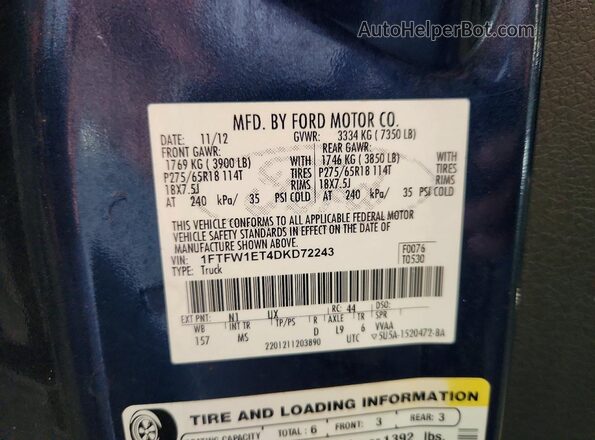 1FTFW1ET4DKD72243 2023 FORD F150 Синий Вид наклейки с VIN-кодом