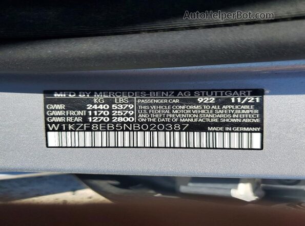 W1KZF8EB5NB020387 2022 MERCEDES-BENZ E-CLASS Silver VIN sticker view