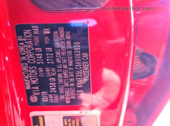 KNAE35LC6K6063939 2019 KIA STINGER Red Vista de la etiqueta del VIN