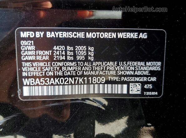 WBA53AK02N7K11809 2022 BMW 2 SERIES Black VIN sticker view