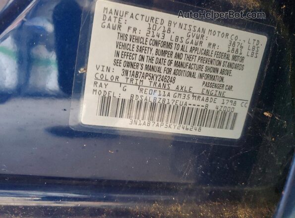 3N1AB7AP5KY246248 2019 NISSAN SENTRA Blue VIN sticker view