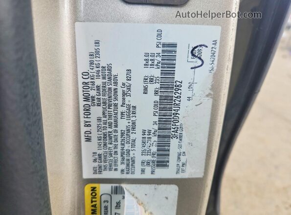 3FA6P0D94JR262982 2018 FORD FUSION Tan Widok naklejki z numerem VIN