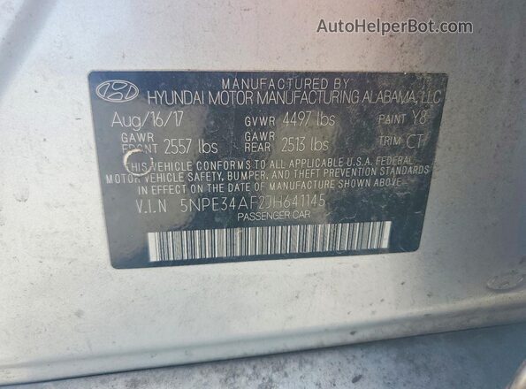 5NPE34AF2JH641145 2018 HYUNDAI SONATA Silver Vista de la etiqueta del VIN
