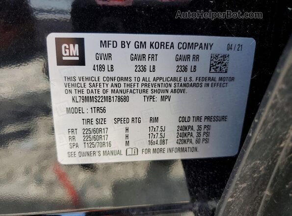 KL79MMS22MB178680 2021 CHEVROLET TRAILBLAZER Black VIN sticker view