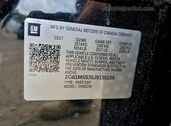2G61M5S35J9135109 2018 CADILLAC XTS Черный Вид наклейки с VIN-кодом