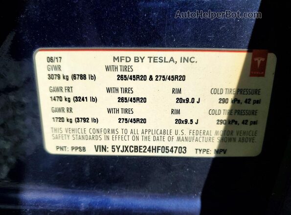 5YJXCBE24HF054703 2017 TESLA MODEL Blue Սալոնի 360 աստիճան տեսք