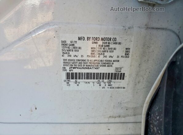 2FMPK4J92NBA77497 2022 FORD EDGE Белый Вид наклейки с VIN-кодом