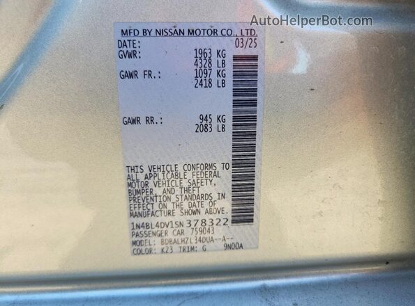 1N4BL4DV1SN378322 2025 NISSAN ALTIMA Silver Vista de la etiqueta del VIN