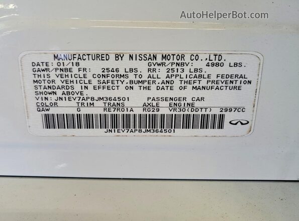 JN1EV7AP8JM364501 2018 INFINITI Q50 White VIN კოდის სტიკერის ხედი