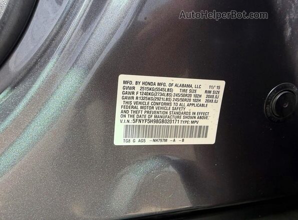 5FNYF5H98GB020171 2016 HONDA PILOT Gray Widok wnętrza z tyłu