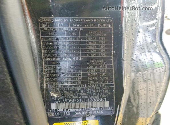 SALVD5RX5JH288861 2018 LAND ROVER RANGE Black Widok naklejki z numerem VIN