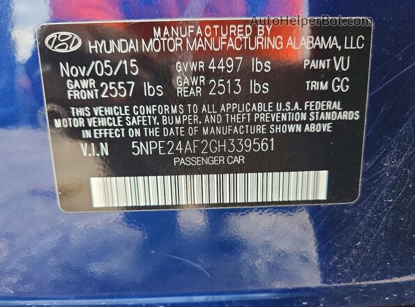 5NPE24AF2GH339561 2016 HYUNDAI SONATA Blue VIN sticker view