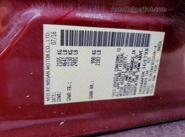 1N4AA6AP1HC369398 2017 NISSAN MAXIMA Red VIN კოდის სტიკერის ხედი