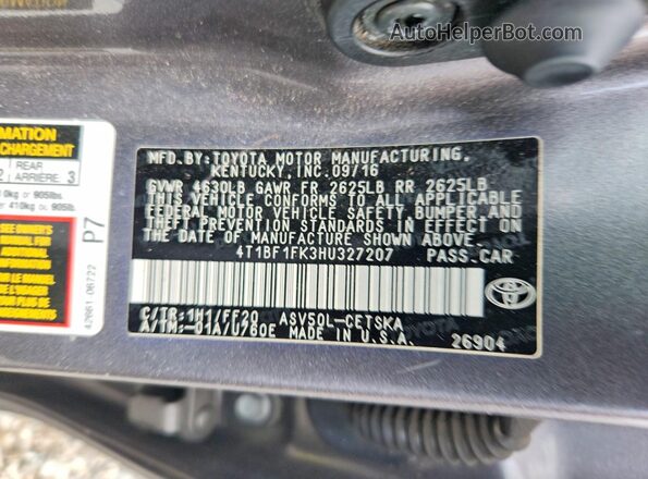 4T1BF1FK3HU327207 2017 TOYOTA CAMRY Gray VIN կոդի պիտակի տեսք