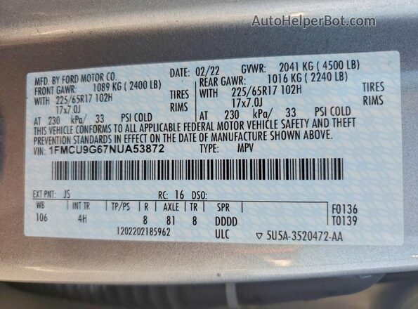1FMCU9G67NUA53872 2022 FORD ESCAPE Silver 360 interior view