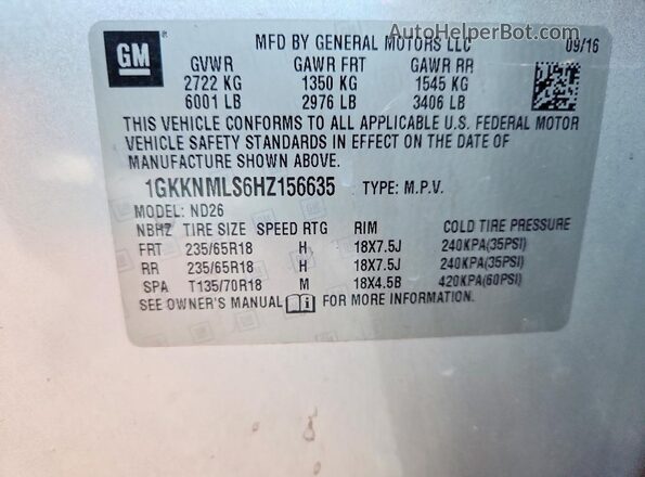 1GKKNMLS6HZ156635 2017 GMC ACADIA Silver 