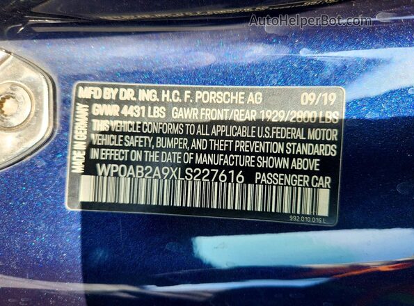 WP0AB2A9XLS227616 2020 PORSCHE 911 Blue Widok naklejki z numerem VIN