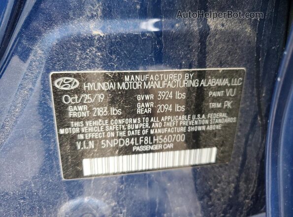 5NPD84LF8LH560700 2020 HYUNDAI ELANTRA Синий Вид наклейки с VIN-кодом