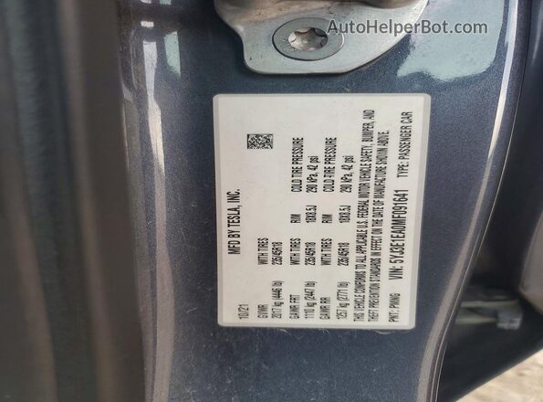 5YJ3E1EA0MF091641 2021 TESLA MODEL Blue Widok naklejki z numerem VIN