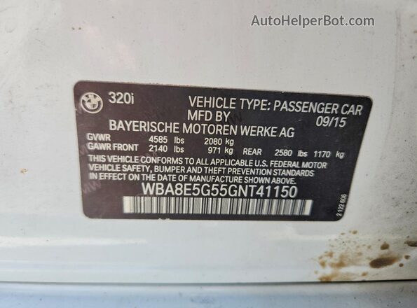 WBA8E5G55GNT41150 2016 BMW 3 SERIES White VIN sticker view