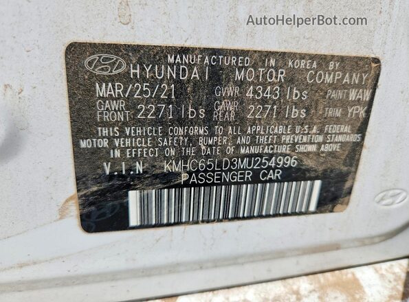 KMHC65LD3MU254996 2021 HYUNDAI IONIQ White VIN կոդի պիտակի տեսք