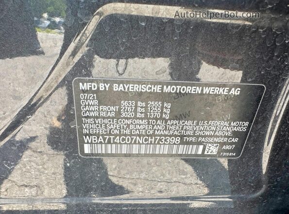 WBA7T4C07NCH73398 2022 BMW 7 SERIES Серый Вид задней части салона