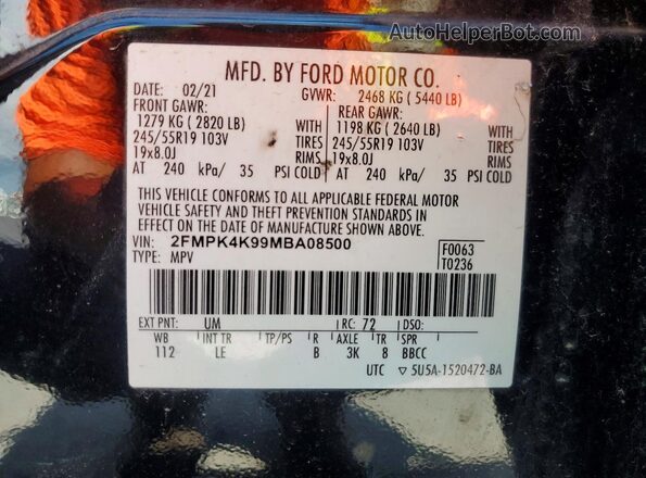 2FMPK4K99MBA08500 2021 FORD EDGE Silver VIN sticker view