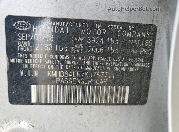 KMHD84LF7KU767711 2019 HYUNDAI ELANTRA Silver VIN sticker view