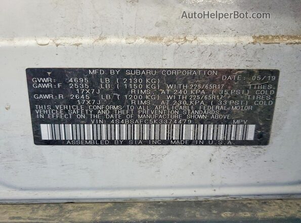 4S4BSAFC5K3374479 2019 SUBARU OUTBACK White Widok naklejki z numerem VIN
