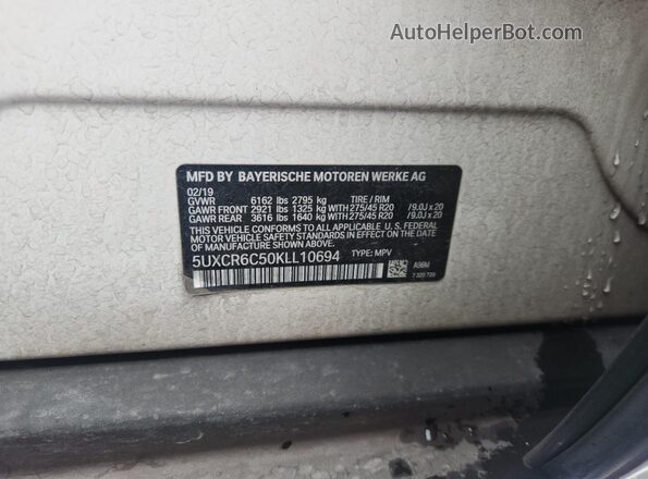 5UXCR6C50KLL10694 2019 BMW X5 White Widok naklejki z numerem VIN