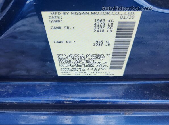 1N4BL4BV6LC221207 2020 NISSAN ALTIMA Blue Вид наклейки з VIN-кодом