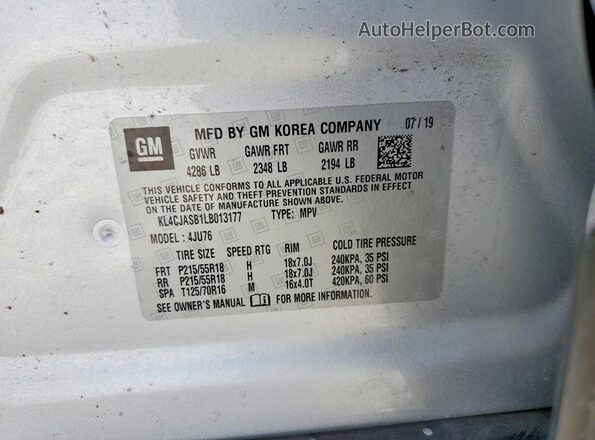 KL4CJASB1LB013177 2020 BUICK ENCORE Silver VIN sticker view