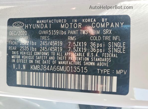 KM8J84A66MU013515 2021 HYUNDAI NEXO White VIN կոդի պիտակի տեսք