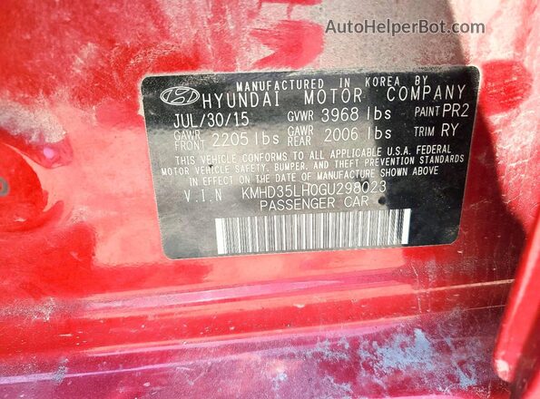 KMHD35LH0GU298023 2016 HYUNDAI ELANTRA Red Вид наклейки з VIN-кодом