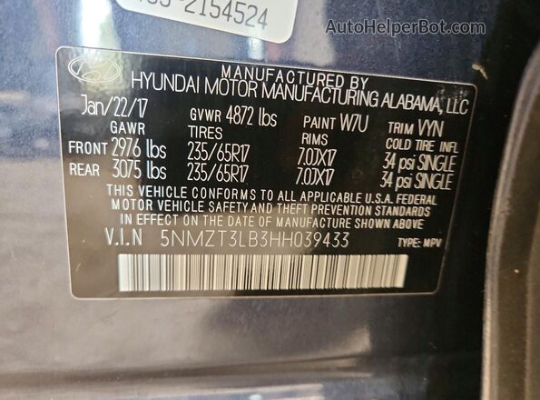 5NMZT3LB3HH039433 2017 HYUNDAI SANTA Синий Панорамный вид салона 360°