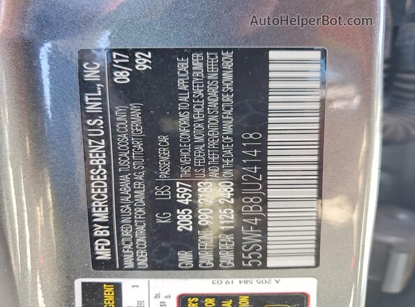 55SWF4JB8JU241418 2018 MERCEDES-BENZ C Gray Widok naklejki z numerem VIN