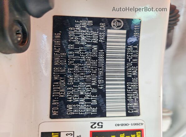 4T1B11HK6JU088804 2018 TOYOTA CAMRY White Вид наклейки з VIN-кодом