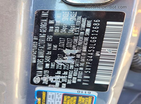 5XYPG4A53LG612686 2020 KIA SORENTO Gray Widok naklejki z numerem VIN
