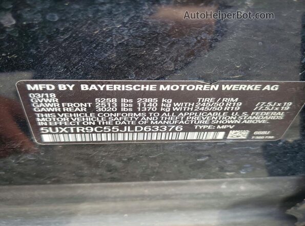 5UXTR9C55JLD63376 2018 BMW X3 Black Vista de la etiqueta del VIN